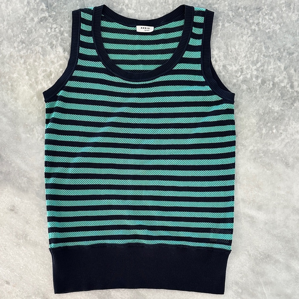 AKRIS Punto Navy and Green Knit Striped Tank Top open weave design size 10